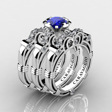 Art Masters Caravaggio Trio 950 Platinum 1.0 Ct Blue Sapphire White Diamond Engagement Ring Wedding Band Set R623S3-PLATDBS