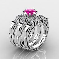 Art Masters Caravaggio Trio 950 Platinum 1.0 Ct Pink Sapphire White Diamond Engagement Ring Wedding Band Set R623S3-PLATDPS