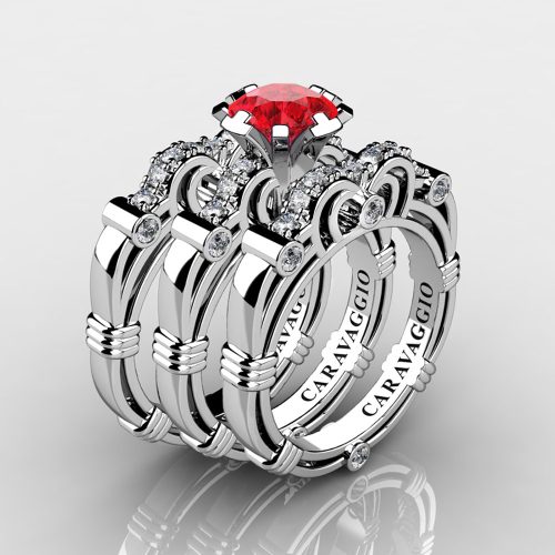 Art Masters Caravaggio Trio 950 Platinum 1.0 Ct Ruby Diamond Engagement Ring Wedding Band Set R623S3-PLATDR