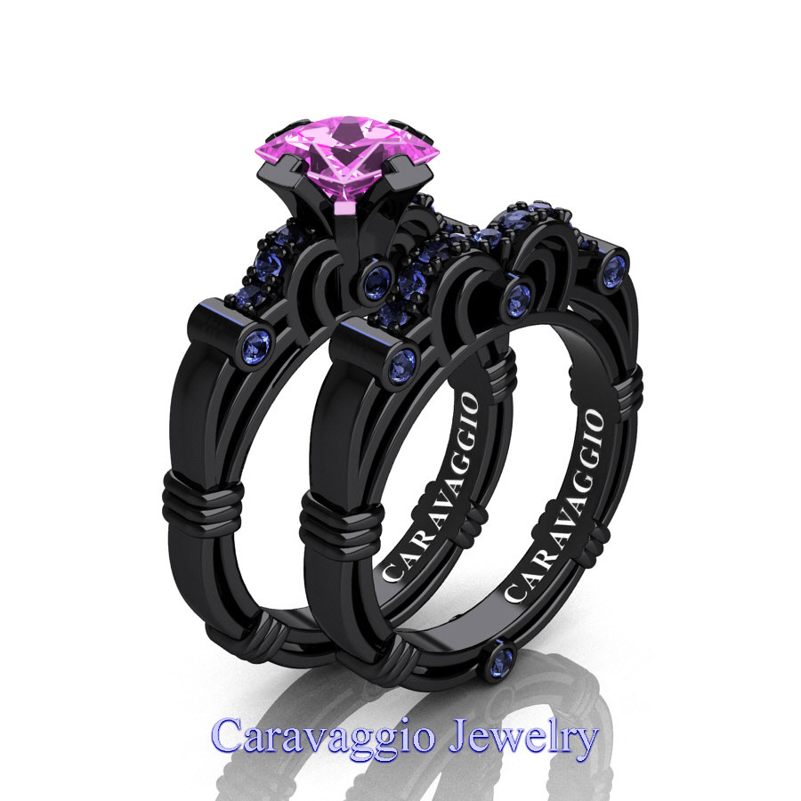 Womens Gothic Black & Blue Sapphire Sterling Silver Engagement Wedding Ring Set