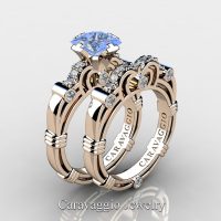 Art Masters Caravaggio 14K Rose Gold 1.25 Ct Princess Light Blue Sapphire Diamond Engagement Ring Wedding Band Set R623PS-14KRGDLBS