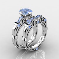 Art Masters Caravaggio 14K White Gold 1.25 Ct Princess Light Blue Sapphire Engagement Ring Wedding Band Set R623PS-14KWGLBS