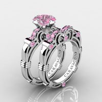Art Masters Caravaggio 14K White Gold 1.25 Ct Princess Light Pink Sapphire Engagement Ring Wedding Band Set R623PS-14KWGLPS