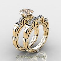 Art Masters Caravaggio 14K Yellow Gold 1.25 Ct Princess Champagne and White Diamond Engagement Ring Wedding Band Set R623PS-14KYGDCHD