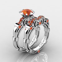 Art Masters Caravaggio 10K White Gold 1.0 Ct Orange Sapphire Engagement Ring Wedding Band Set R623S-10KWGOS