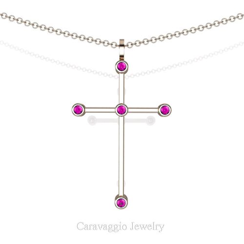 Art Masters Caravaggio 14K Rose Gold 0.15 Ct Pink Sapphire Cross Pendant Necklace 16 Inch Chain C623-14KRGPS