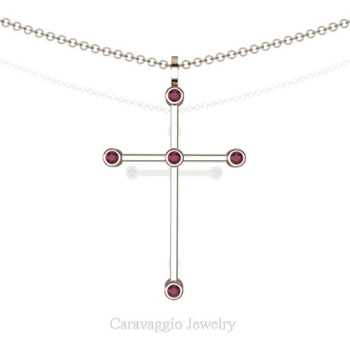 Art Masters Caravaggio 14K Rose Gold 0.15 Ct Rose Ruby Cross Pendant Necklace 16 Inch Chain C623-14KRGRR