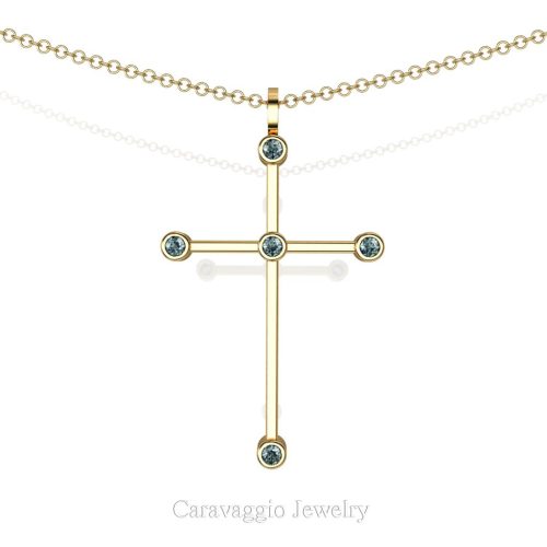 Art Masters Caravaggio 14K Yellow Gold 0.15 Ct Blue Diamond Cross Pendant Necklace 16 Inch Chain C623-14KYGBLD