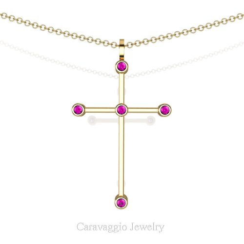 Art Masters Caravaggio 18K Yellow Gold 0.15 Ct Pink Sapphire Cross Pendant Necklace 16 Inch Chain C623-18KYGPS