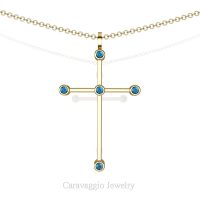 Art Masters Caravaggio 18K Yellow Gold 0.15 Ct Blue Topaz Cross Pendant Necklace 16 Inch Chain C623-18KYGBT
