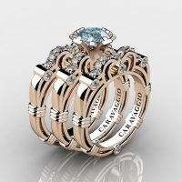 Art Masters Caravaggio Trio 14K Rose Gold 1.0 Ct Aquamarine Diamond Engagement Ring Wedding Band Set R623S3-14KRGDAQ