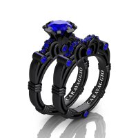 Art Masters Caravaggio 14K Black Gold 1.0 Ct Blue Sapphire Engagement Ring Wedding Band Set R623S-14KBGBS