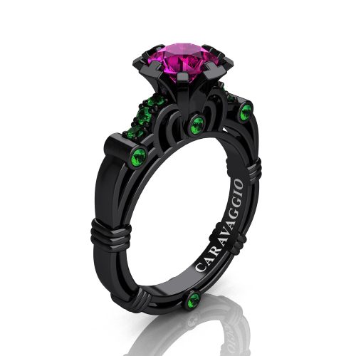 Caravaggio 14K Black Gold 1.0 Ct Pink Sapphire Emerald Engagement Ring R623-14KBGEMPS