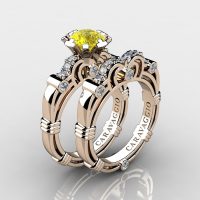 Art Masters Caravaggio 14K Rose Gold 1.0 Ct Yellow Sapphire Diamond Engagement Ring Wedding Band Set R623S-14KRGDYS