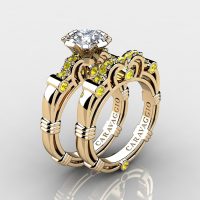 Art Masters Caravaggio 14K Yellow Gold 1.0 Ct White Yellow Sapphire Engagement Ring Wedding Band Set R623S-14KYGYSWS