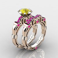 Art Masters Caravaggio 14K Rose Gold 1.0 Ct Yellow Pink Sapphire Engagement Ring Wedding Band Set R623S-14KRGPSYS