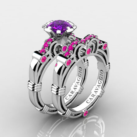 Art-Masters-Caravagio-14K-White-Gold-1-0-Ct-Amethyst-Pink-Sapphire-Engagement-Ring-Wedding-Band-Set-R623S-14KWGPSAM-P