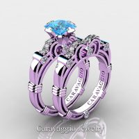 Art Masters Caravaggio 14K Lilac Gold 1.25 Ct Princess Blue Topaz Diamond Engagement Ring Wedding Band Set R623PS-14KLGDBT