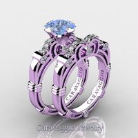 Art Masters Caravaggio 14K Lilac Gold 1.25 Ct Princess Light Blue Sapphire Diamond Engagement Ring Wedding Band Set R623PS-14KLGDLBS