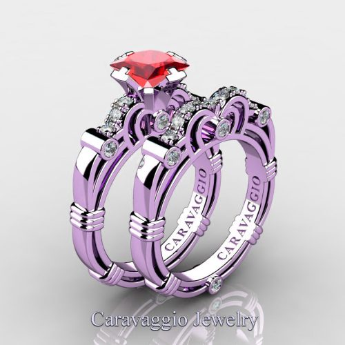 Art Masters Caravaggio 14K Lilac Gold 1.25 Ct Princess Ruby Diamond Engagement Ring Wedding Band Set R623PS-14KLGDR