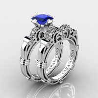Art Masters Caravaggio 925 Sterling Silver 1.25 Ct Princess Blue Sapphire Diamond Engagement Ring Wedding Band Set R623PS-925SSDBS