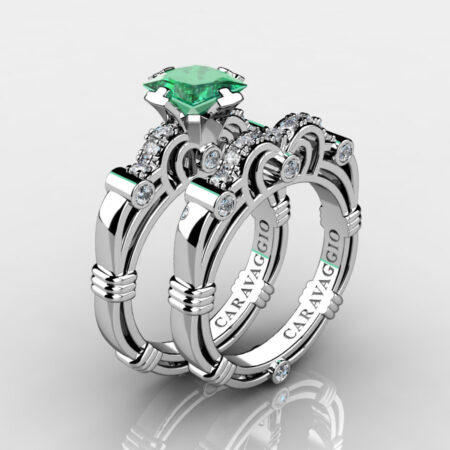 Art-Masters-Caravagio-925-Sterling-Silver-1-25-Carat-Princess-Emerald-Diamond-Engagement-Ring-Wedding-Band-Bridal-Set-R623PS-925SSDEM-P