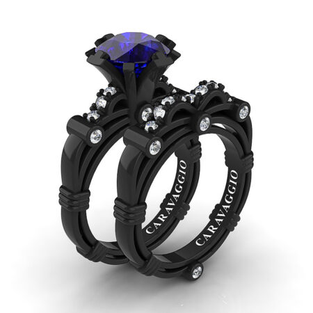 Art-Masters-Caravaggio-14K-Black-Gold-3-0-Ct-Blue-Sapphire-Diamond-Italian-Engagement-Ring-Wedding-Band-Set-R823S-14KBGDBS