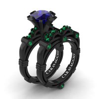 Art Masters Caravaggio 14K Black Gold 3.0 Ct Blue Sapphire Emerald Engagement Ring Wedding Band Set R823S-14KBGEMBS