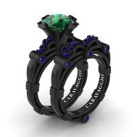 Art Masters Caravaggio 14K Black Gold 3.0 Ct Emerald Blue Sapphire Engagement Ring Wedding Band Set R823S-14KBGBSEM