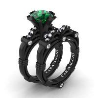Art Masters Caravaggio 14K Black Gold 3.0 Ct Emerald Diamond Engagement Ring Wedding Band Set R823S-14KBGDEM