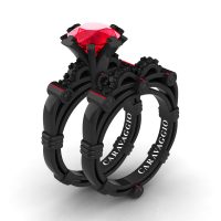 Art Masters Caravaggio 14K Black Gold 3.0 Ct Ruby Black Diamond Engagement Ring Wedding Band Set R823S-14KBGBDR