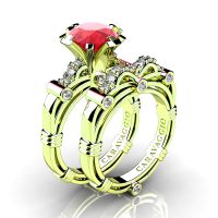Art Masters Caravaggio 14K Green Gold 3.0 Ct Ruby Diamond Engagement Ring Wedding Band Set R823S-14KGGDR