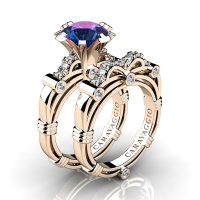 Art Masters Caravaggio 14K Rose Gold 3.0 Ct Alexandrite Diamond Engagement Ring Wedding Band Set R823S-14KRGDAL