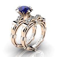 Art Masters Caravaggio 14K Rose Gold 3.0 Ct Blue Sapphire Diamond Engagement Ring Wedding Band Set R823S-14KRGDBS
