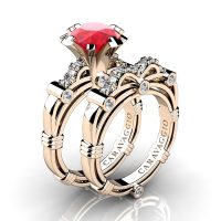Art Masters Caravaggio 14K Rose Gold 3.0 Ct Ruby Diamond Engagement Ring Wedding Band Set R823S-14KRGDR