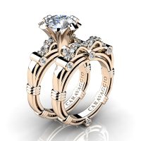 Art Masters Caravaggio 14K Rose Gold 3.0 Ct White Sapphire Diamond Engagement Ring Wedding Band Set R823S-14KRGDWS