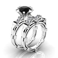 Art Masters Caravaggio 14K White Gold 3.0 Ct Black and White Diamond Engagement Ring Wedding Band Set R823S-14KWGDBD