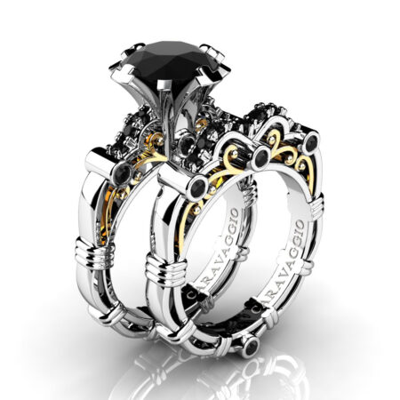 Art-Masters-Caravaggio-14K-White-Yellow-Gold-3-0-Ct-Royal-Black-Sapphire-Engagement-Ring-Wedding-Band-Set-R823S-14KWYGBLS