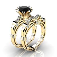 Art Masters Caravaggio 14K Yellow Gold 3.0 Ct Black and White Diamond Engagement Ring Wedding Band Set R823S-14KYGDBD