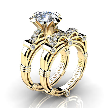 Art-Masters-Caravaggio-14K-Yellow-Gold-3-0-Ct-White-Sapphire-Diamond-Italian-Engagement-Ring-Wedding-Band-Set-R823S-14KYGDWS