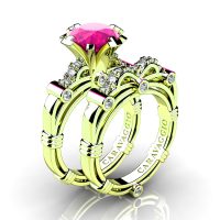 Art Masters Caravaggio 14K Green Gold 3.0 Ct Pink Sapphire Diamond Engagement Ring Wedding Band Set R823S-14KGGDPS