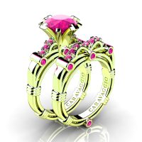 Art Masters Caravaggio 14K Green Gold 3.0 Ct Pink Sapphire Engagement Ring Wedding Band Set R823S-14KGGPS