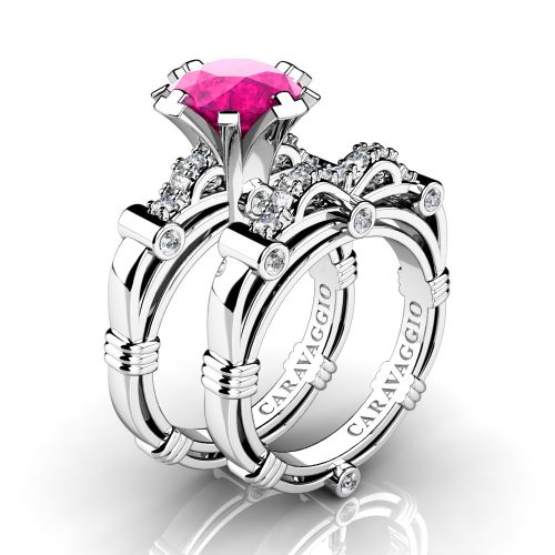 Art Masters Caravaggio 14K White Gold 3.0 Ct Pink Sapphire Diamond Engagement Ring Wedding Band Set R823S-14KWGDPS