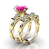 Art Masters Caravaggio 14K Yellow Gold 3.0 Ct Pink Sapphire Diamond Engagement Ring Wedding Band Set R823S-14KYGDPS
