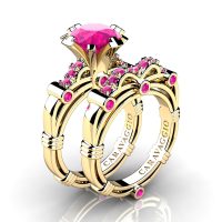 Art Masters Caravaggio 14K Yellow Gold 3.0 Ct Pink Sapphire Engagement Ring Wedding Band Set R823S-14KYGPS