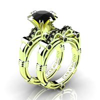 Art Masters Caravaggio 14K Green Gold 3.0 Ct Black Sapphire Engagement Ring Wedding Band Set R823S-14KGGBLS