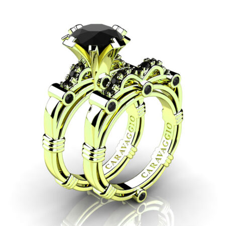 Art-Masters-Caravagio-14K-Green-Gold-3-0-Ct-Black-Sapphire-Italian-Engagement-Ring-Wedding-Band-Set-R823S-14KGGBLS