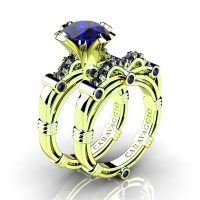 Art Masters Caravaggio 14K Green Gold 3.0 Ct Blue Sapphire Engagement Ring Wedding Band Set R823S-14KGGBS