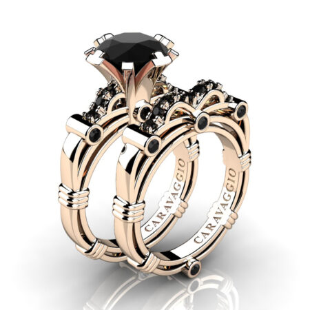 Art-Masters-Caravagio-14K-Rose-Gold-3-0-Ct-Black-Sapphire-Engagement-Ring-Wedding-Band-Set-R823S-14KRGBLS