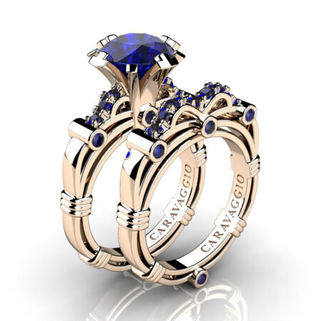 Art-Masters-Caravagio-14K-Rose-Gold-3-0-Ct-Blue-Sapphire-Engagement-Ring-Wedding-Band-Set-R823S-14KRGBS